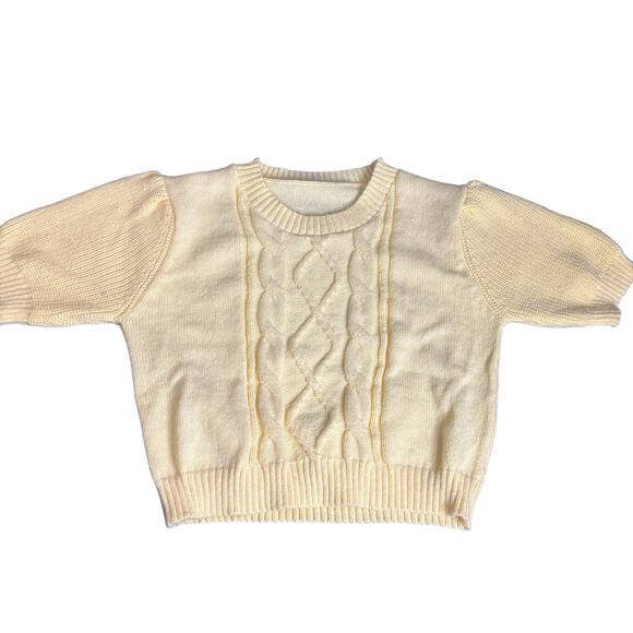 Soft Pastel Yellow Cropped Cableknit Short Sleeve Sweater Women XL Trending Chic - Picture 6 of 8